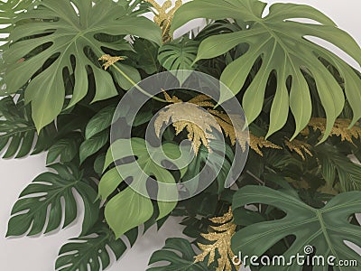 Image presenting a floral arrangement of tropical green leaves from Monstera, fern, and Eucalyptus plants, enhanced with gold Stock Photo