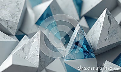 close-up view collection white and blue triangular structures, with some overlapping and others standing Stock Photo