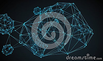 complex network interconnected blue lines and dots, resembling digital or technological structure, is Stock Photo