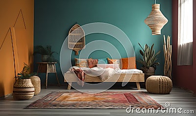 Tribal Fusion: A Cozy Corner with a Pop of Color Stock Photo