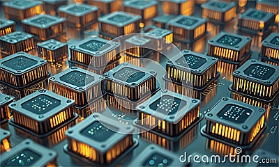 3D grid square-shaped cubes, each with small light source on top, creating warm, glowing effect. Stock Photo