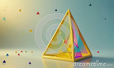 3D yellow triangular prism with transparent glass window, surrounded by scattered colorful triangular shapes Stock Photo