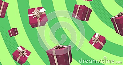 Image of presents falling at christmas on green background Stock Photo