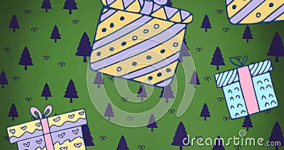 Image of presents falling over fir trees at christmas Stock Photo