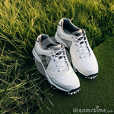 Brand new golf shoes arranged on the grass Stock Photo