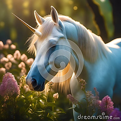 a majestic unicorn in a beautiful garden Stock Photo