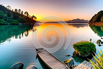 A lake with mountains and greenery with a wooden dock generated by ai Stock Photo