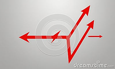 red arrow with two arrows pointing in opposite directions, connected by diagonal line, against gray Stock Photo