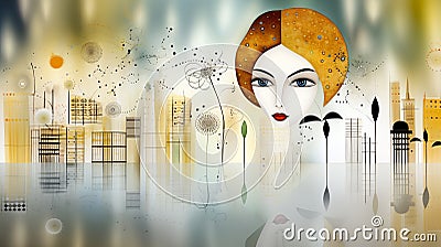 The image presents a stylized woman's portrait blending with an abstract cityscape. Stock Photo