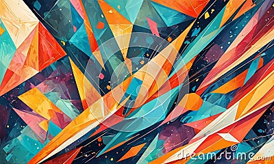 abstract composition intersecting triangular shapes in various vibrant colors, creating dynamic and energetic Stock Photo
