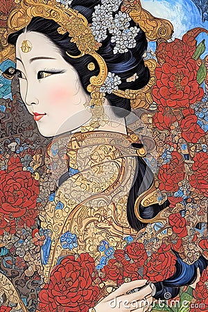 image of a pretty japanese geisha face at temple and surrounded by cherry flower in the background. Stock Photo