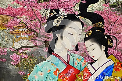 image of a pretty japanese geisha face at temple and surrounded by cherry flower in the background. Stock Photo