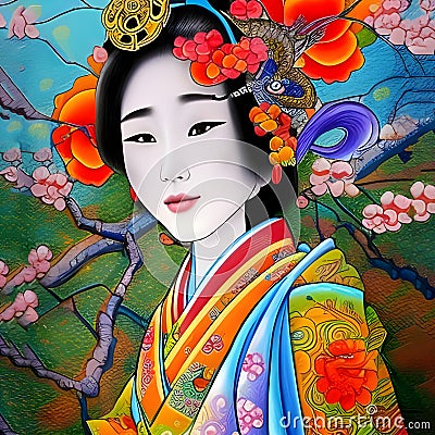 image of a pretty japanese geisha face at temple and surrounded by cherry flower in the background. Stock Photo