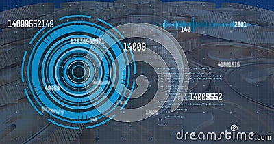 Image of processing circle, globe, graphs and numbers on digital screen Stock Photo