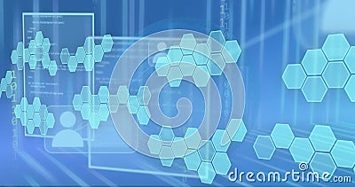 Image of profile icons over hexagons pattern, binary codes against blue background Cartoon Illustration