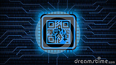 Image of QR code in the middle on abstract background of blurred binary code behind information connecting lines Cartoon Illustration