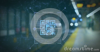 Image of QR code scanning with blue web connections over underground train Stock Photo