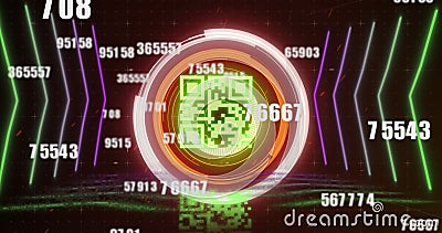 Image of qr code, scope scanning and numbers changing over neon elements in background Stock Photo