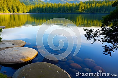 simplicity mindfulness calmness lake and trees generated by ai Stock Photo