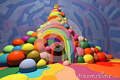 an image of a rainbow colored building with many colored balls Stock Photo