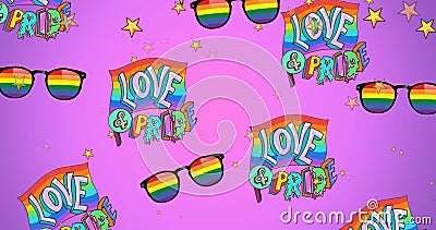 Image of rainbow glasses and love and pride text over pink background Stock Photo