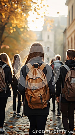 Image Rear view of a group of students walking with school backpacks Stock Photo