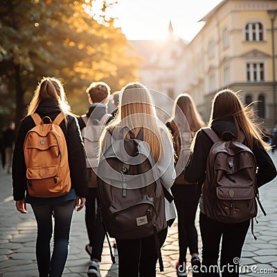 Image Rear view of a group of students walking with school backpacks Stock Photo