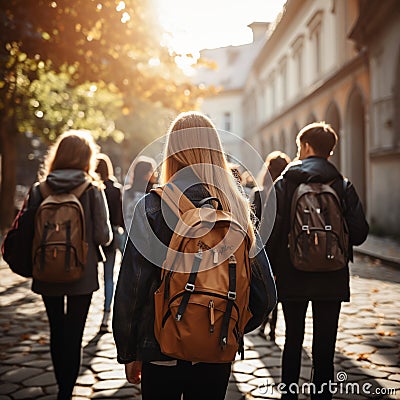 Image Rear view of a group of students walking with school backpacks Stock Photo