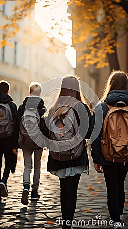 Image Rear view of a group of students walking with school backpacks Stock Photo