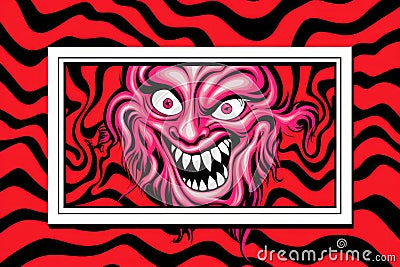 an image of a red and black striped background with a picture of a scary face in the center Stock Photo