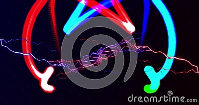 Image of red and blue electrical currents over colourful neon light trails on black Stock Photo