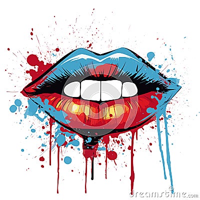 Image of a red and blue lips with splatter design, Cartoon Illustration