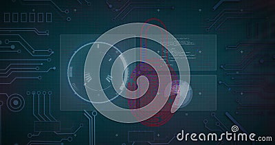 Image of red fingerprint over scanners, graph and data processing, on dark interface Stock Photo