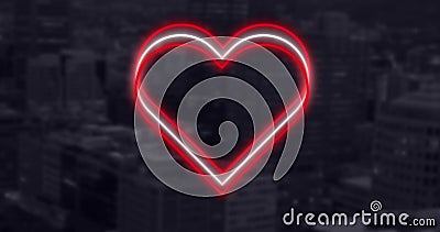 Image of red and white neon hearts flashing on dark cityscape Stock Photo
