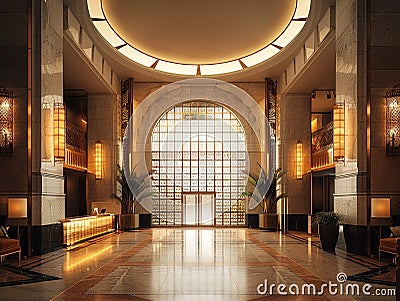 The image reference shows an opulent hotel lobby with marble floors, crystal chandeliers, and a grand staircase. It is a perfect Stock Photo