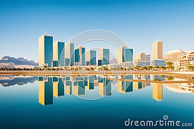 Reflection of the city of Calpe in the water of the natural salt flats of the town made with Generative AI Stock Photo