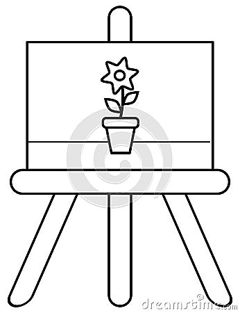 Artist easel with canvas, picture for children to color, black and white. Cartoon Illustration