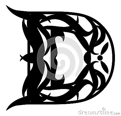 Decorated letter D, Tattoo, black and white, isolated. Cartoon Illustration