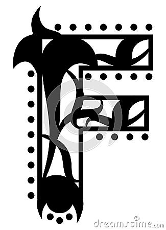 Decorated letter F, Tattoo, black and white, isolated. Cartoon Illustration