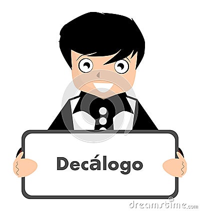 Boy with decalogue sign, spanish and portuguese, rules, isolated. Cartoon Illustration