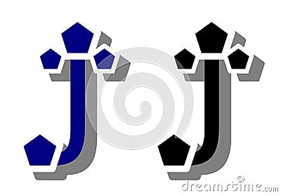 Letter J logo with pentagons, fantasy, isolated. Cartoon Illustration