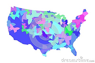 USA map with butterflies, color, insect, isolated. Vector Illustration