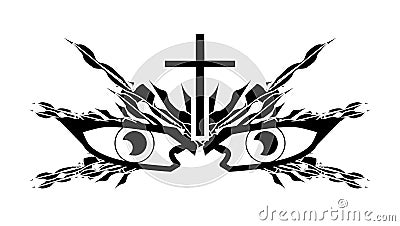 Eyes with cross, black and white, isolated. Cartoon Illustration