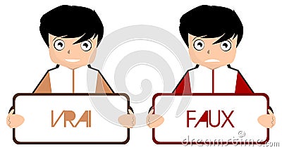 Boys with true and false signs, cartoon, color, isolated. Vector Illustration
