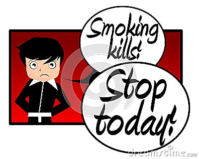 Smoking kills stop today, cigarettes, boy, english, isolated. Cartoon Illustration