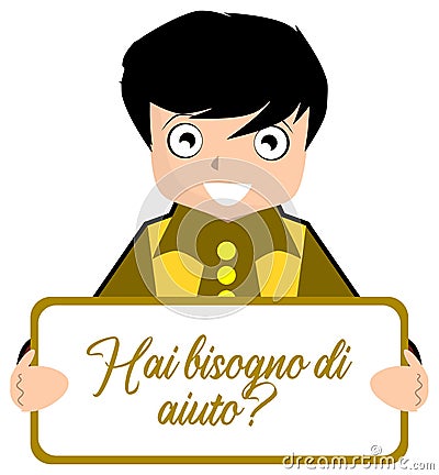 Boy with placard, help, cartoon, color, isolated. Vector Illustration