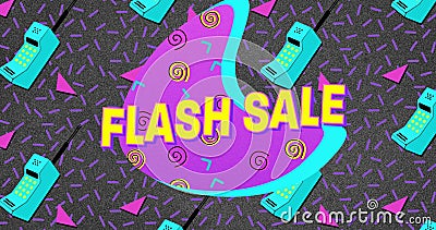 Image of retro flash sale text on pink and blue patterned splodge with retro mobile phones Stock Photo