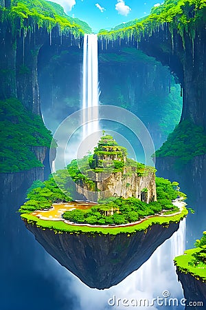 A series of floating islands suspended in the air each with unique flora fauna and ecosystems generated by ai Stock Photo