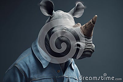 Image of of a rhinoceros dressed in jeans shirts on clean background. Fashion, Wildlife Animals, Generative AI, Illustration Stock Photo