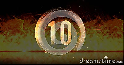 Image of ring and glowing number ten in dramatic countdown over flaming fire background Stock Photo